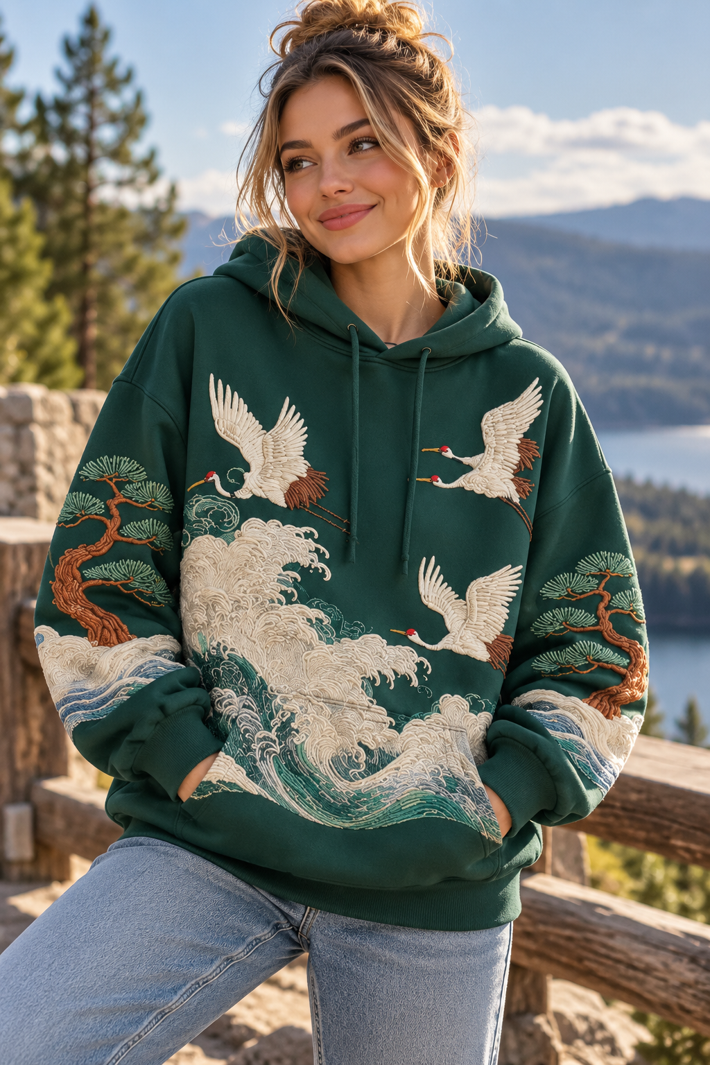 Cranes Over Waves Premium Hoodie