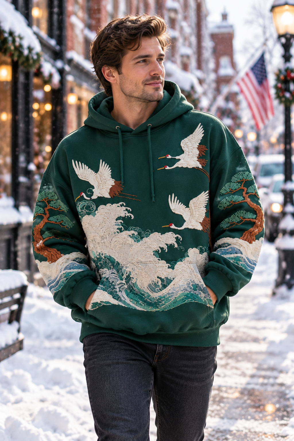 Cranes Over Waves Premium Hoodie